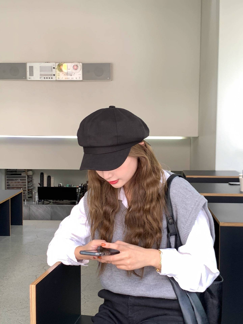 Schwarze Newsboy-Mütze, kleine Mütze mit Mädchengesicht, achteckige Retro-Mütze für Frühling und Sommer, Malermütze, Baskenmütze, Instagram_voghion.com