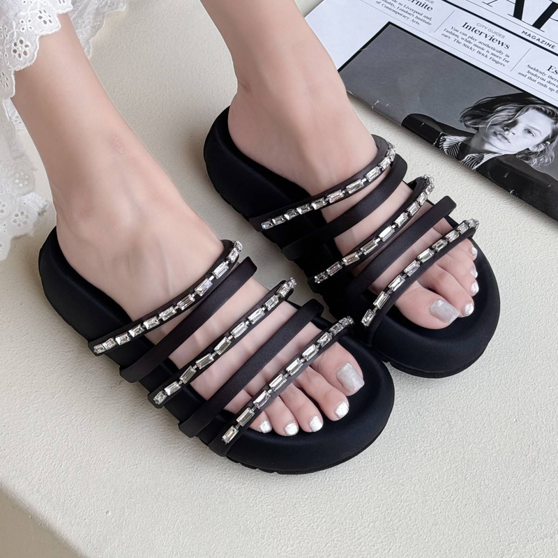 Cameido Black Cloth Round-Toed Thick-Soled Slippers For Women's Daily Commuting_voghion.com