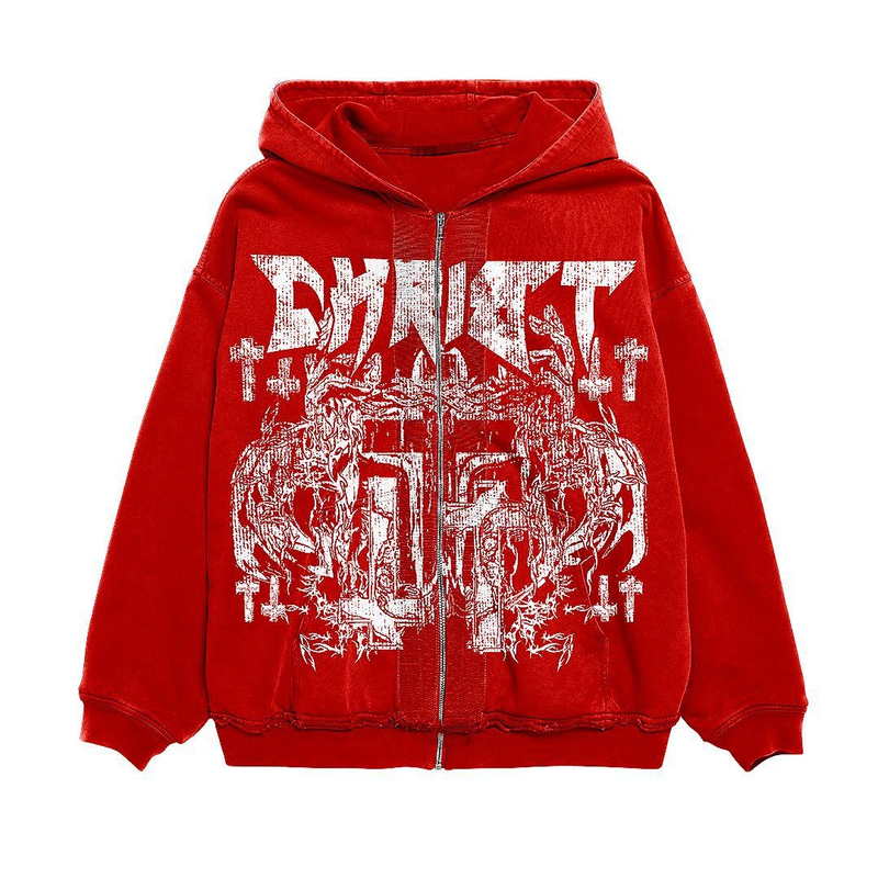 Unisex Gothic Print Zip-Up Hoodie mit Baumwollfutter - Oversized Streetwear für Männer & Frauen_voghion.com