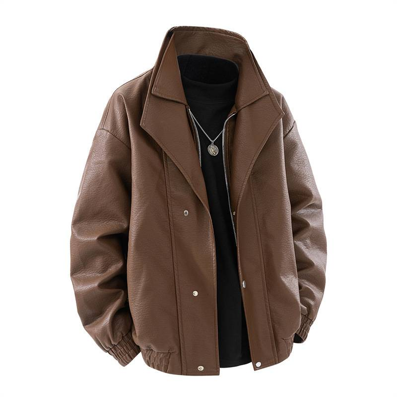 Heren oversized bikerjack - dubbelrijs PU-leren jas met opstaande kraag_voghion.com
