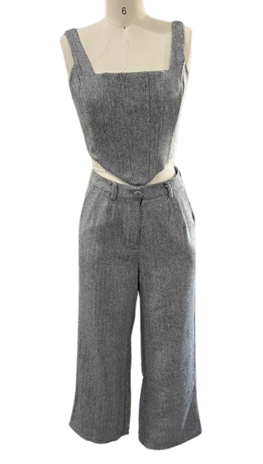 Completo blazer con corsetto su misura: gilet con cintura a vita alta + pantaloni coordinati (3 pezzi, grigio/rosa/beige/kaki, S-L)_voghion.com