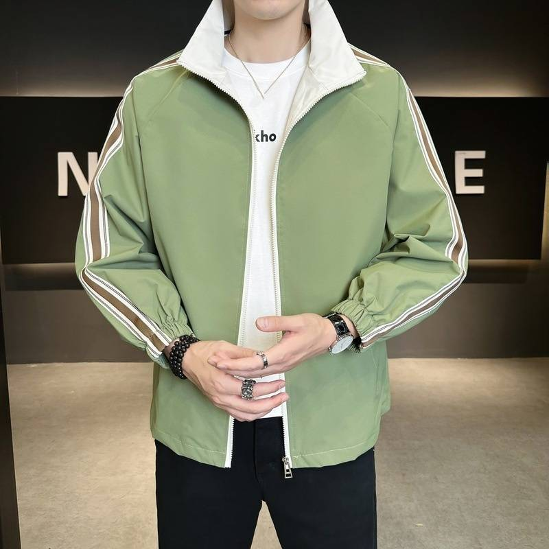 "Trendy Stand Collar Jacket For Youth - Style Lightweight Windbreaker With Rabbit Fur Blend (M-4XL, Black/Sage Green/Beige)"_voghion.com