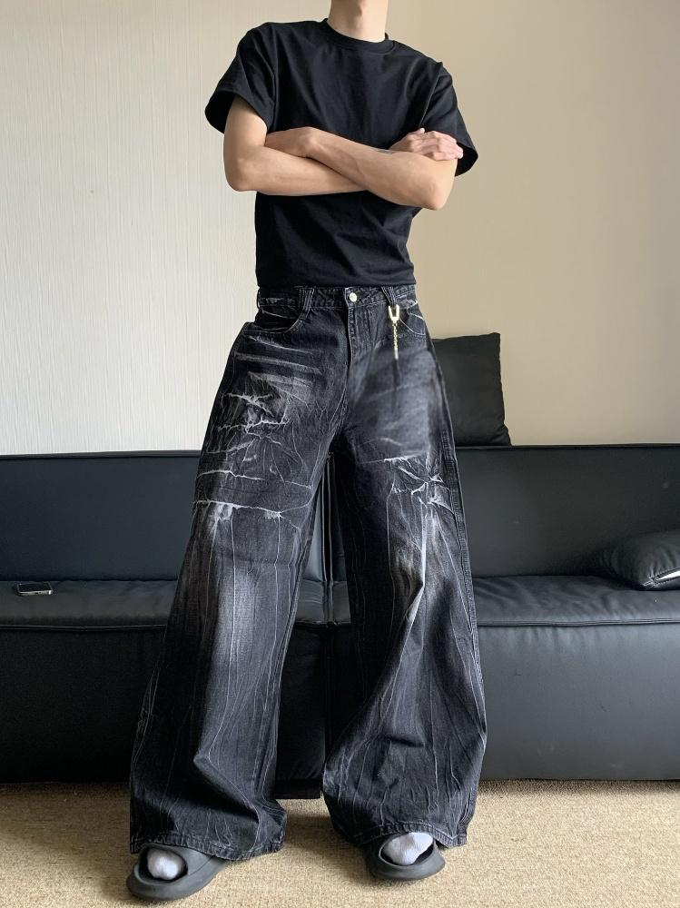 Vintage Washed Distressed Jeans für Herren – Relaxed Fit Hose mit weitem Bein und Blitzstreifen-Design_voghion.com