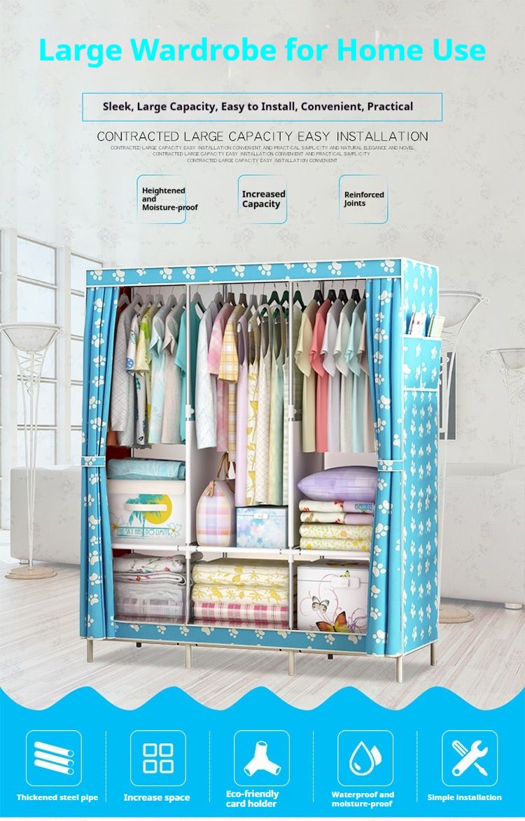 Foldable Wardrobe Closet With Dust Cover – Sturdy Metal Frame & Fabric Storage Cabinet (Modern Design, Spacious, Easy Assembly)_voghion.com