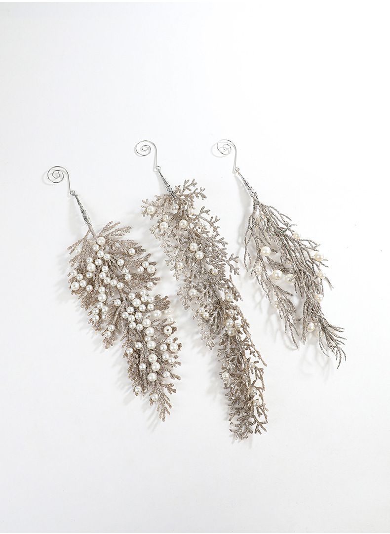 Ornements de Noël en forme de feuille de pin en plastique orné de perles couleur champagne doré – Décoration élégante et irrégulière à suspendre pour décorer votre sapin et votre intérieur pendant les fêtes._voghion.com