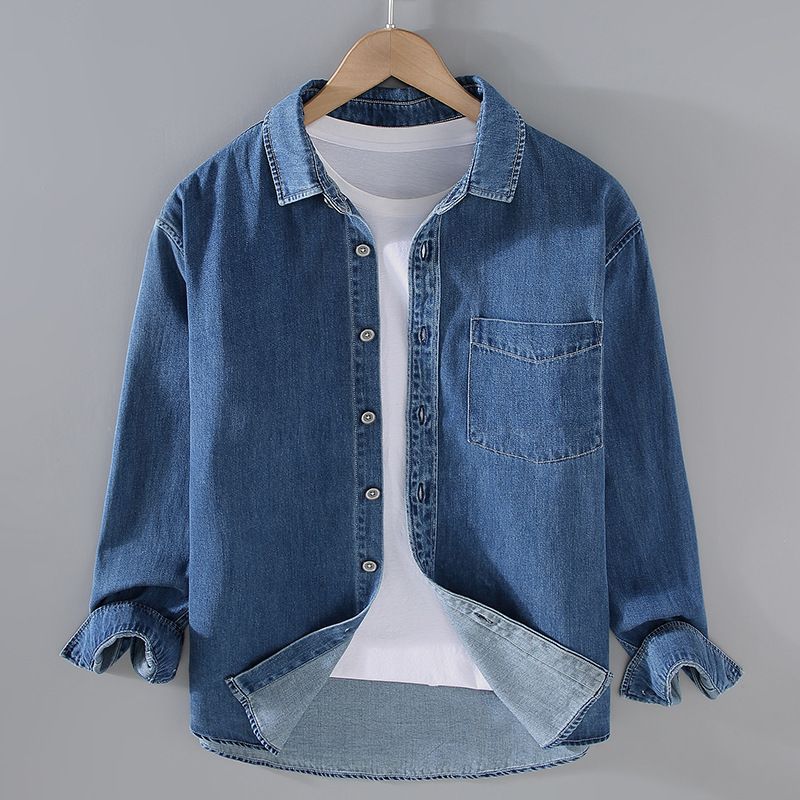 Blaues Jeanshemd Herren Retro Washed Produkt Langarmhemd Lockere Freizeitjacke Herrenoberteil_voghion.com