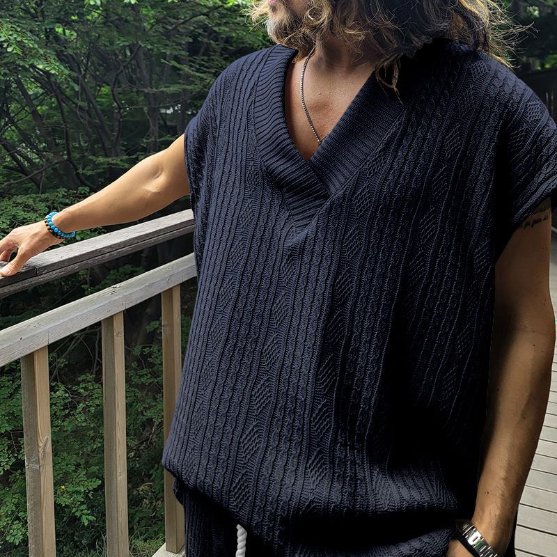 Gilet en tricot jacquard ample à col en V pour hommes, nouvelle collection d'été, surdimensionné et décontracté_voghion.com