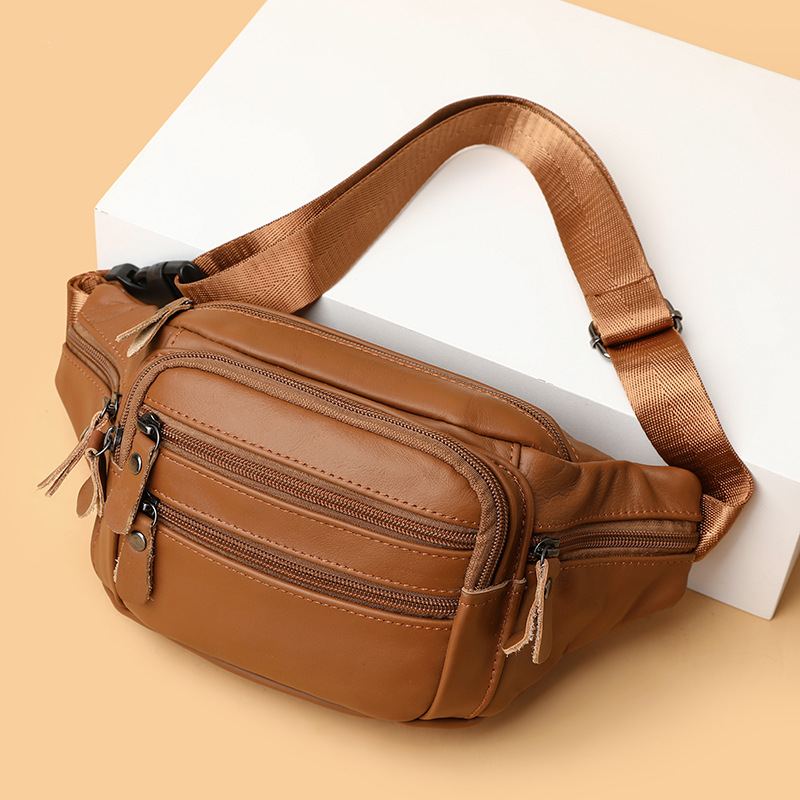 The first layer of cowhide men's bag real cowhide sports running waist bag men's waterproof large capacity multi-compartment chest bag wallet bags_voghion.com
