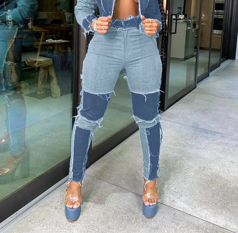 Women's clothing retro stitching washed denim suit_voghion.com