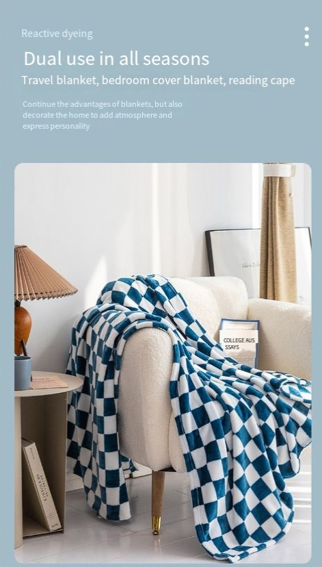 blanket checkerboard flannel blanket printed coral fleece blanket thickened bed sheet nap blanket gift_voghion.com