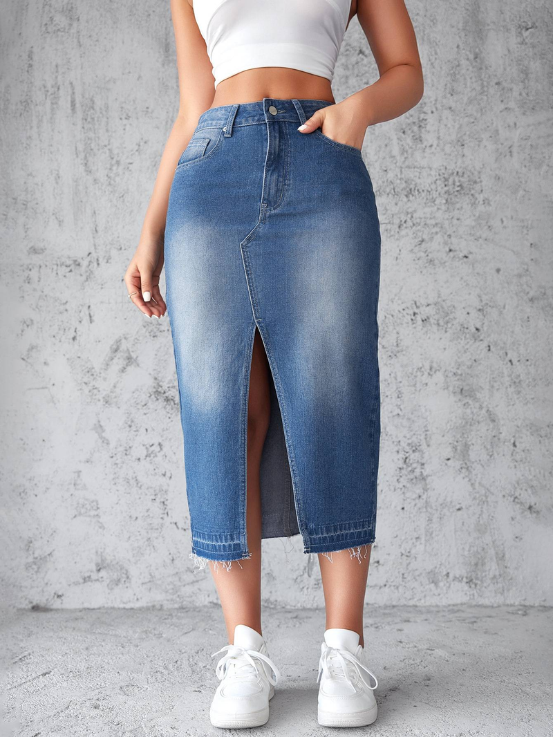 Denim Skirts Wrap Buttocks Dress Solid Washed High Waist Women Pencil Skirt Spliced Pockets Ankle Length Slim Solid Casual_voghion.com
