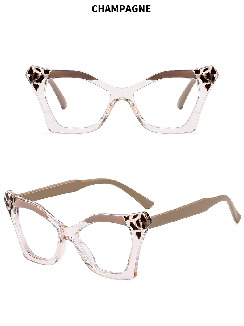Montature per occhiali da donna, montatura per occhiali con stampa leopardata a occhio di gatto, montatura per occhiali con colori coordinati, occhiali piatti irregolari, montatura per occhiali anti luce blu d'avanguardia_voghion.com