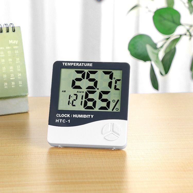 Termômetro e higrômetro digital de tela grande HTC-1 para residências, monitor de temperatura e umidade interna de alta precisão com display LED e despertador_voghion.com