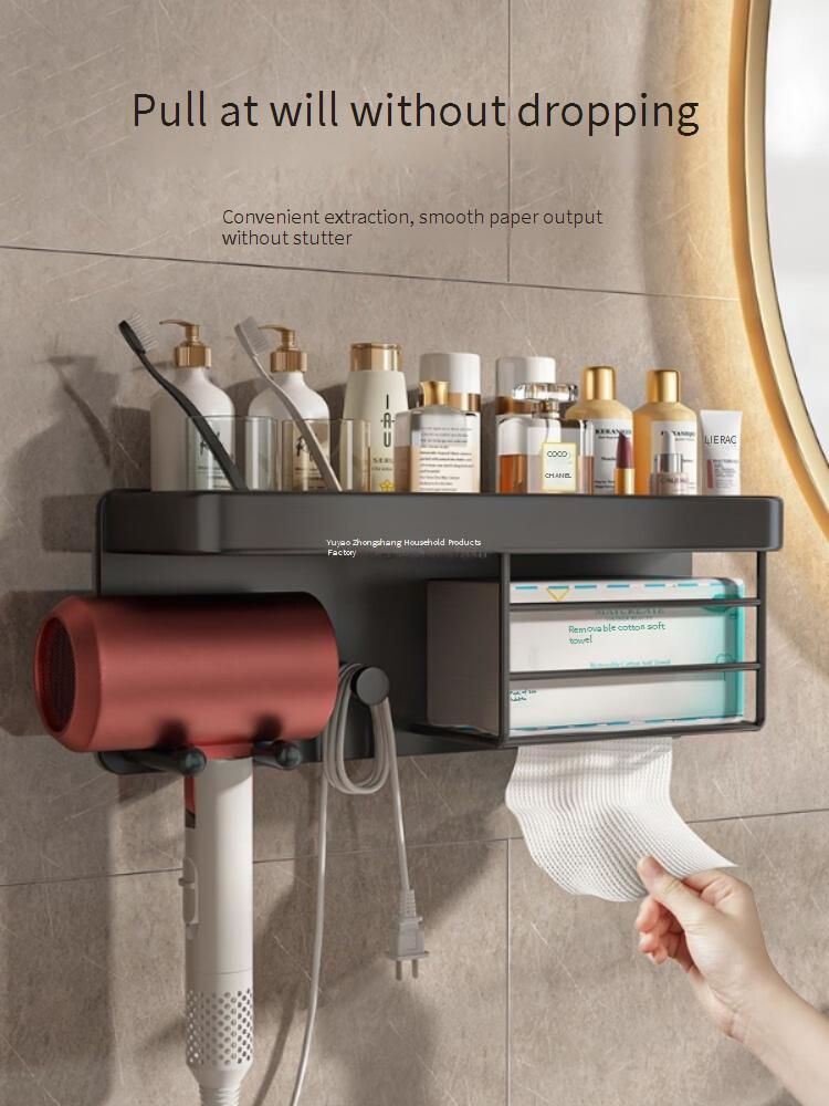 Porta asciugacapelli senza foratura con ripiano per fazzoletti - Organizer per bagno, supporto da parete salvaspazio per asciugacapelli e asciugamani di carta, nero_voghion.com