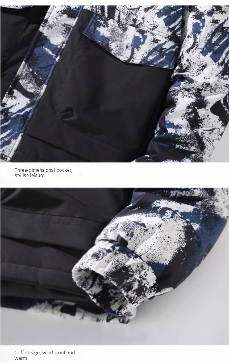 Leichte Daunenjacke für Paare – 550FP weißer Gänsefeder-Kapuzenmantel mit Blumendruck (maschinenwaschbar, Blau/Schwarz, M-3XL)_voghion.com