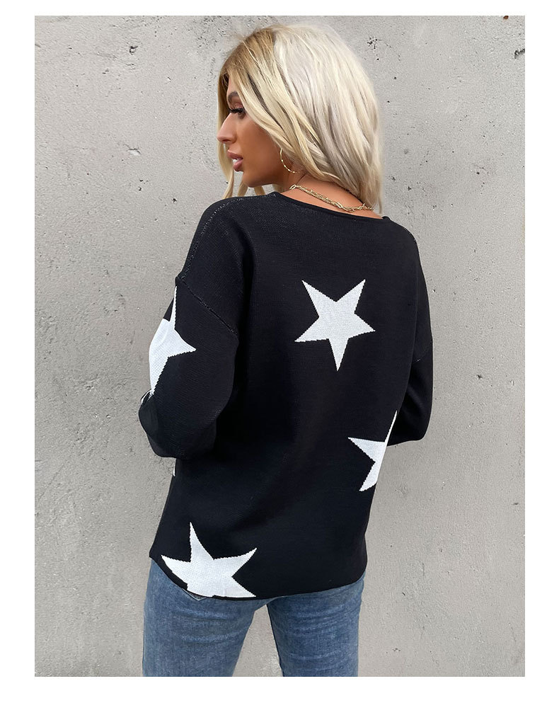 Damenbekleidung unabhängiger Herbst Neuankömmling fünfzackiger Stern Rundhals Langarm-Strickpullover für Damen_voghion.com