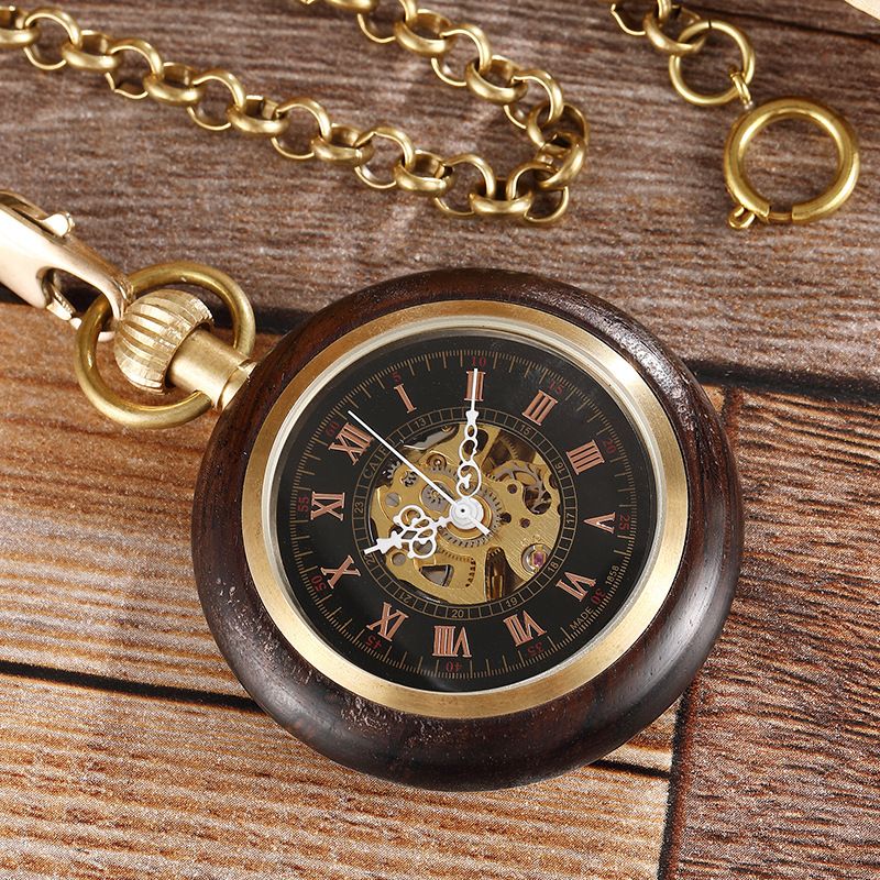 New Red Copper Roman Scale Wood Grain Straight Board Without Cover Manual Mechanical Pocket Watch_voghion.com