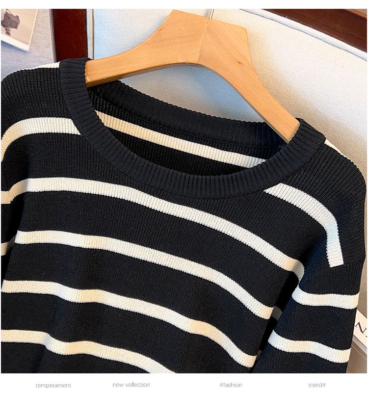 Übergrößen-Viskose-Stricktop für Damen, schlankmachendes Langarm-T-Shirt für kurvige Figuren (2XL-7XL, Schwarz/Beige)_voghion.com