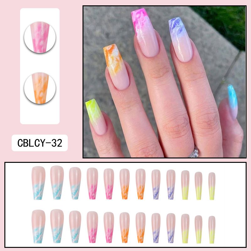 Leuchtende Regenbogen-Ombre-Press-On-Nägel, lange Sargform, künstliche Nägel mit Kleber und Gel-Tabs für einfaches Auftragen – 18 Stück/Set_voghion.com