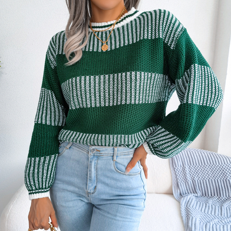 Abbigliamento da donna Net rosso stile vero colpo autunno e inverno casual contrasto di colore a righe maglione lavorato a maglia a maniche lunghe abbigliamento da donna_voghion.com