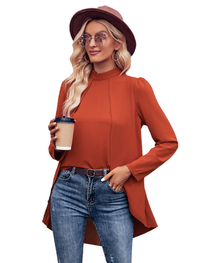 Abbigliamento da donna, camicia in due pezzi finta a maniche lunghe, tinta unita, collo semi-alto, casual, da donna_voghion.com