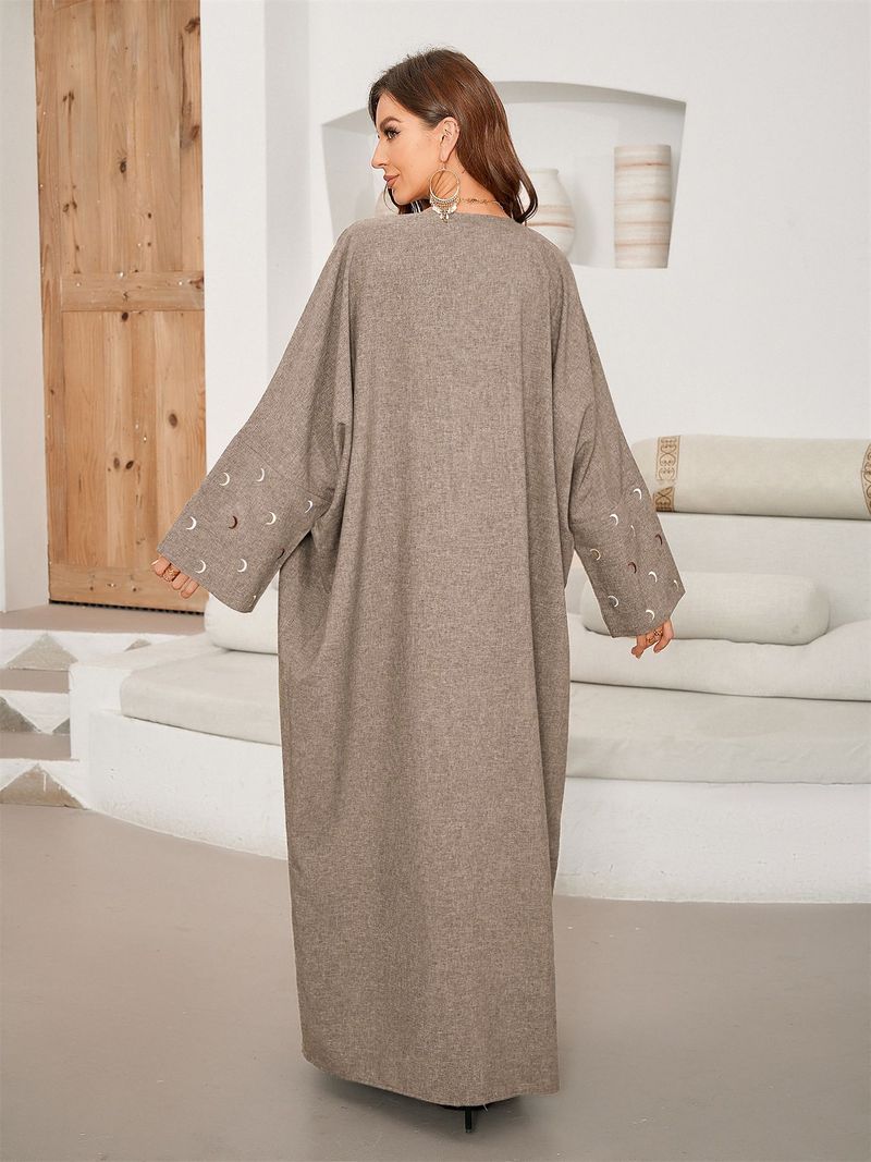 Women's Clothing Elegant Long Sleeve Batwing Bouffant Midi Dress With Embroidered Moon Open Cardigan Style Polyester Long Robe For Muslim Women_voghion.com