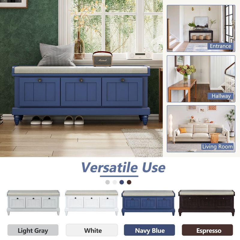 Classic Storage Bench With Cushioned Seat And Three Drawers For Entryway And Living Room_voghion.com