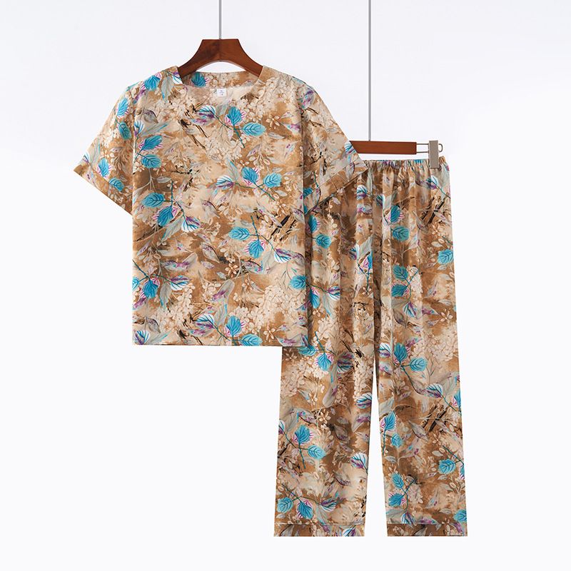 Conjunto de duas peças para mulheres de meia-idade e idosas, verão, gola redonda, estampado, manga curta, solto, casual, confortável, avó_voghion.com