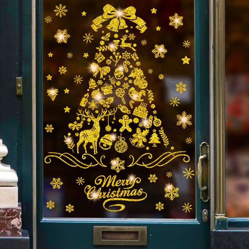 Calcomanías estáticas premium para ventana de árbol de Navidad - Juego de 4 pegatinas reutilizables (30 x 37 cm, acabado esmerilado dorado/plateado)_voghion.com
