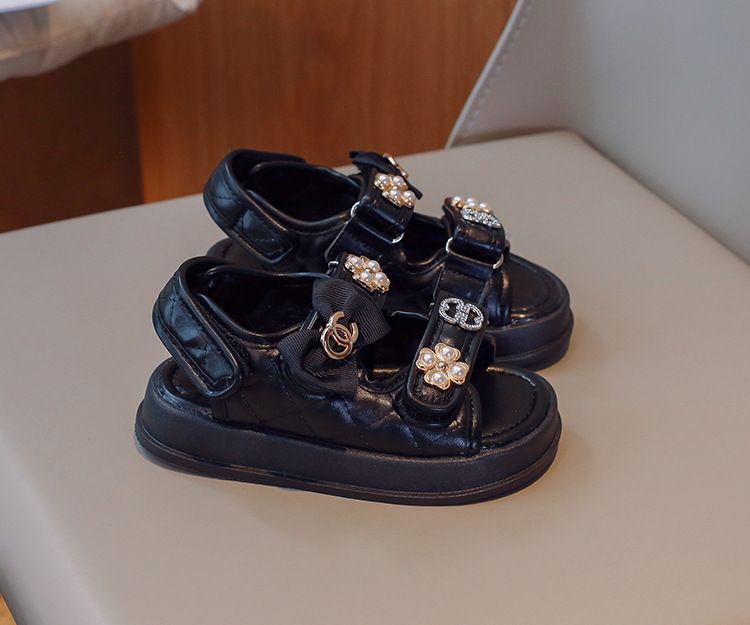Çocuk 2023 Yaz Yeni Stil İnci Yay Moda Prenses Kız Sandalet_voghion.com