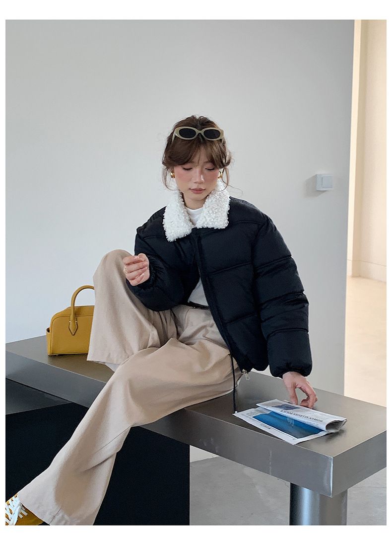 Cropped Sherpa-Lined Puffer Jacket – Korean Streetwear Belted Coat (4 Soft-Toned Colors, Lightweight Quilted Polyester)_voghion.com