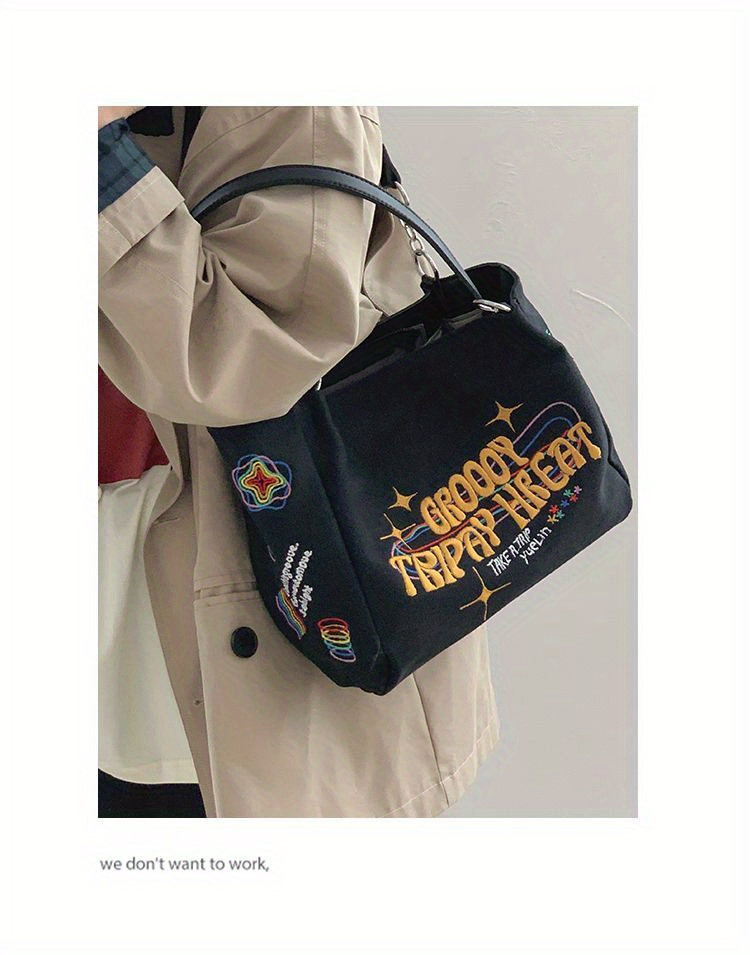 Borsa tote con grafica semplice ricamata, borsa a tracolla in tela con decorazioni in metallo di grande capacità, borsa per pendolari per tutti gli abbinamenti_voghion.com
