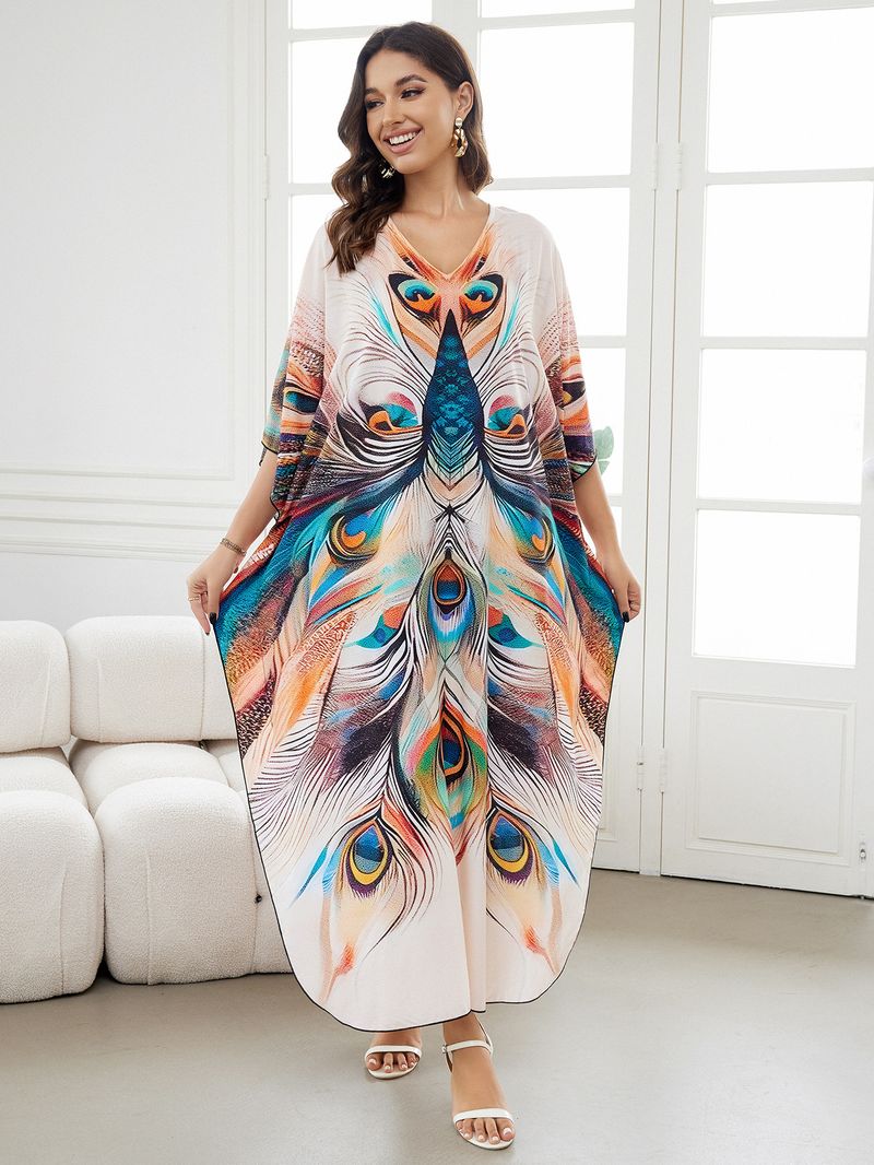 Sukienka maxi z nadrukiem w stylu boho, damska, narzutka z wiskozy – zwiewna tunika plażowa z etnicznymi wzorami, luźny krój w dużych rozmiarach, narzutka na bikini, strój na wakacje_voghion.com