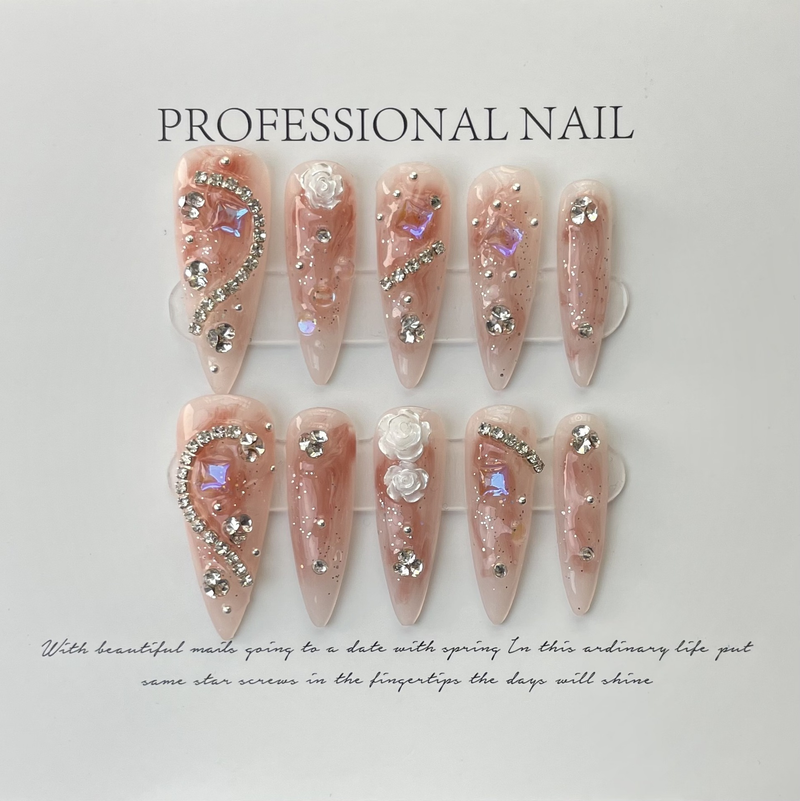 10 pezzi unghie fatte a mano set stampa su unghie finte lunghe di mandorla con strass rosa camelia design riutilizzabile completo Co Lg Almd Rhineste_voghion.com