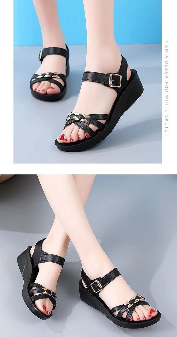 Soft Leather Sandals Non-slip Outer Wear Versatile Soft-soled Casual Women's Wedge Heel Thick-soled Beach Sandals_voghion.com