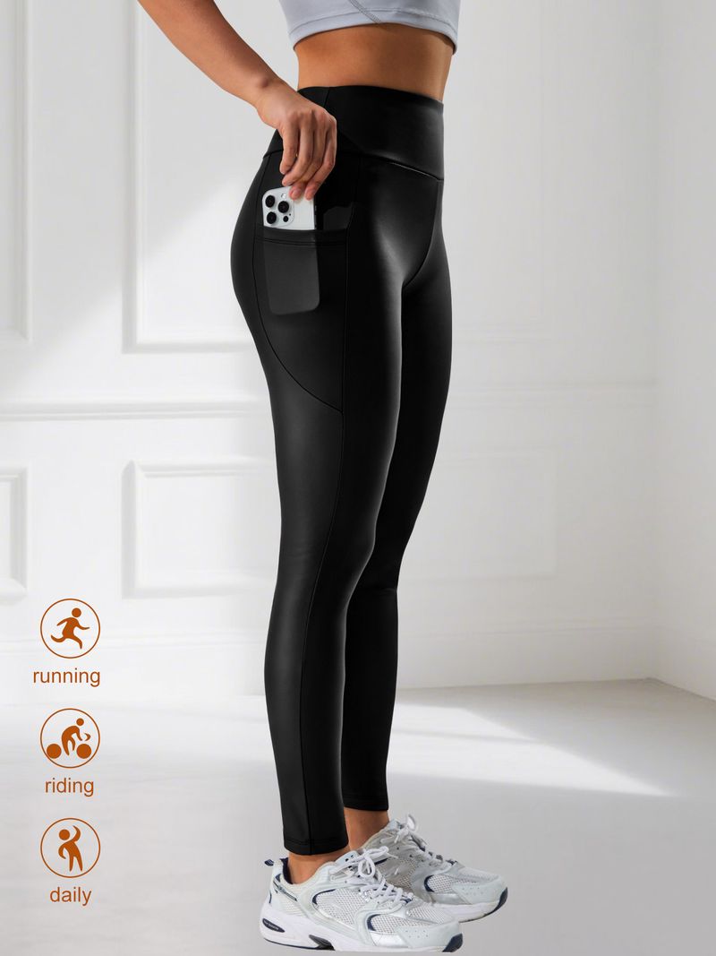 Leggings in pelle PU da donna – Pantaloni da yoga a vita alta con fodera in pile e tasche | Pantaloni elastici per palestra e corsa (neri)_voghion.com