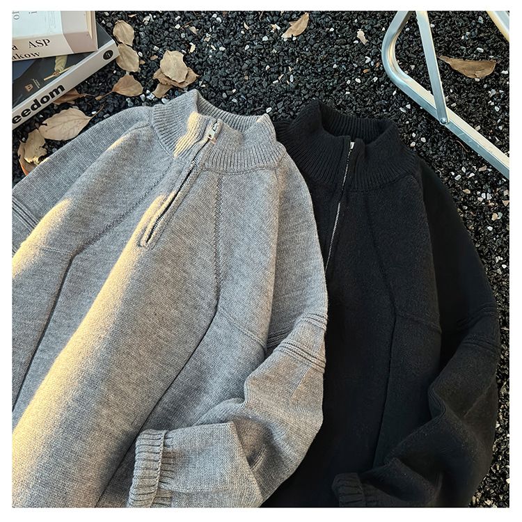 Herrenpullover mit halbem Reißverschluss und hohem Kragen – warmer und stylischer Strickpullover für Teenager und Erwachsene, lockere Retro-Passform, Optionen in Schwarz und Grau_voghion.com