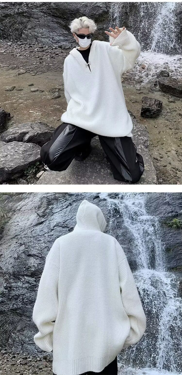 Kapuzenpullover Herren Halboffener Kragen V-Ausschnitt Metallknopf Design Sense Herbst Winter Oberbekleidung Trendy_voghion.com