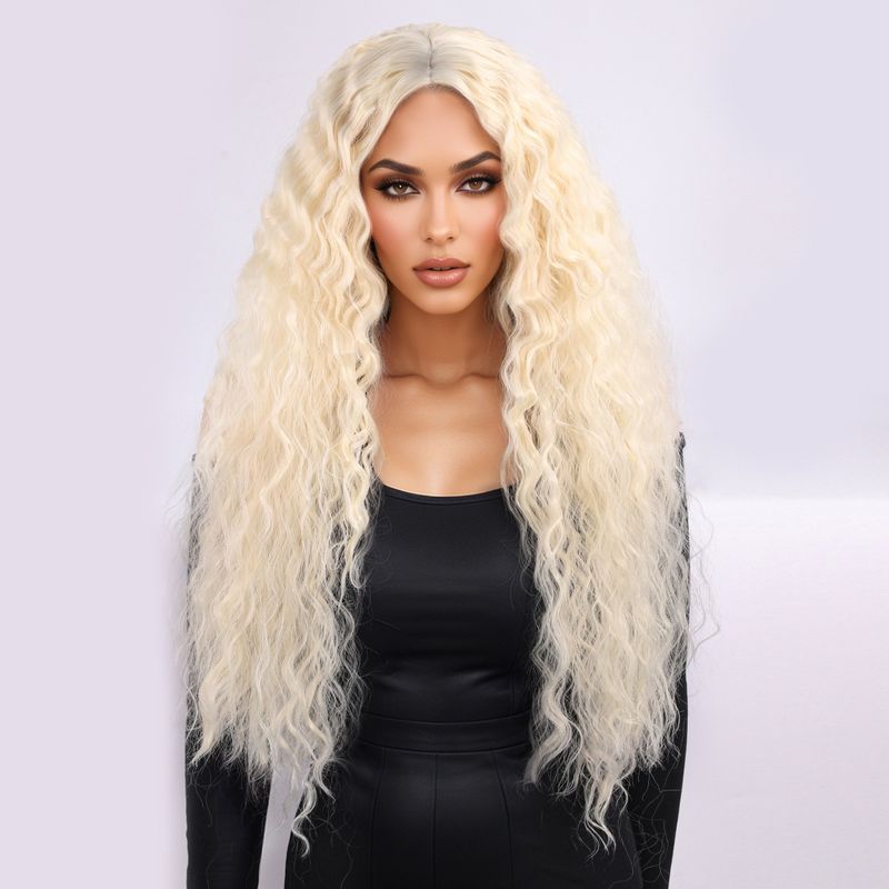 Parrucca con extension per capelli, nuova parrucca per donna, capelli neri ricci alla moda, ondulati, ricci di mais, riga centrale, frangia, copricapo completo._voghion.com