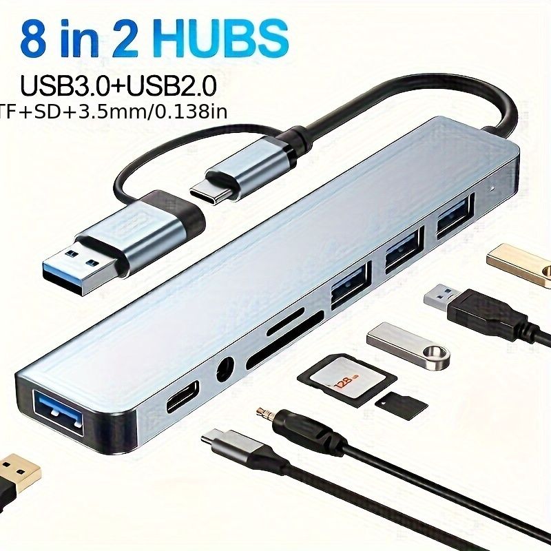 Hub USB 8 em 1 compacto com entrada de áudio, adaptador multiporta para tablets, alimentação USB, tensão operacional de 5 V, compatível com tablets_voghion.com