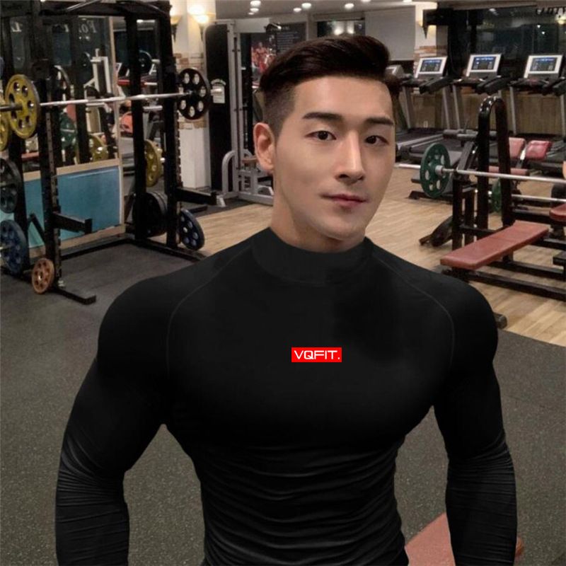 Lång T-shirt med hög hals för män, vår- och hösttröja undertill Fitness Löpning Basketträning Specialtröja_voghion.com