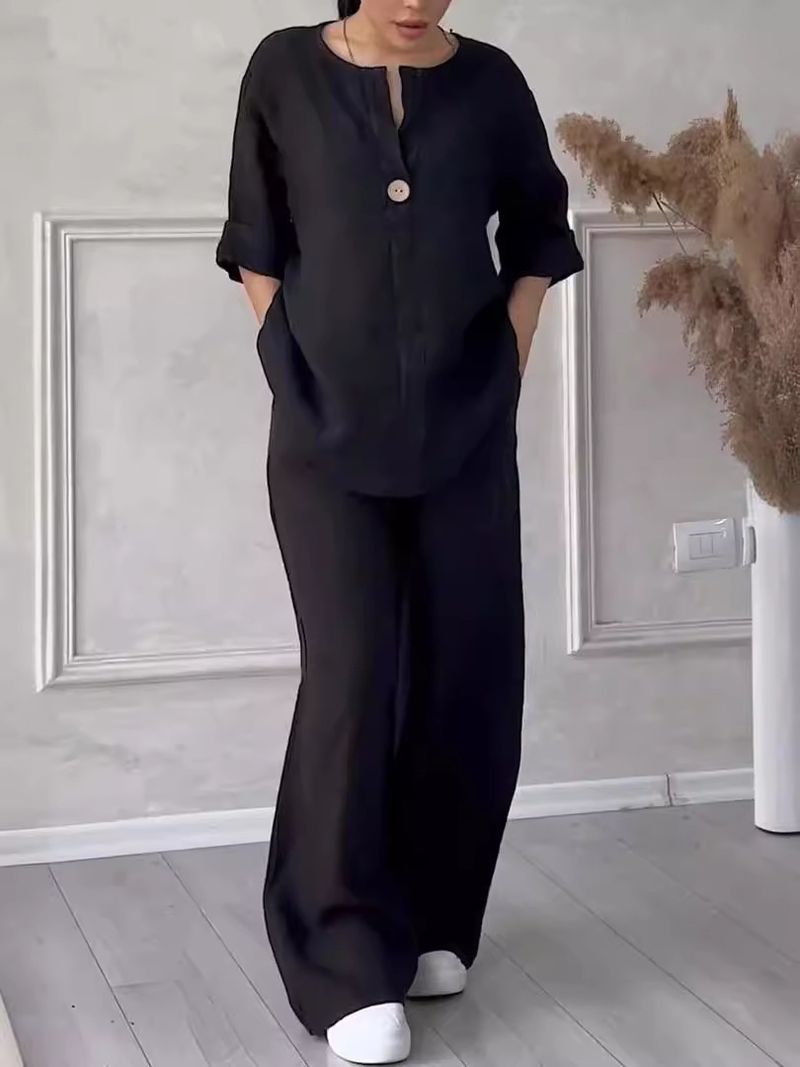 Ženska oblačila Moda Udobni ohlapni vrhovi Široke hlače Casual Bombažna lanena obleka_voghion.com
