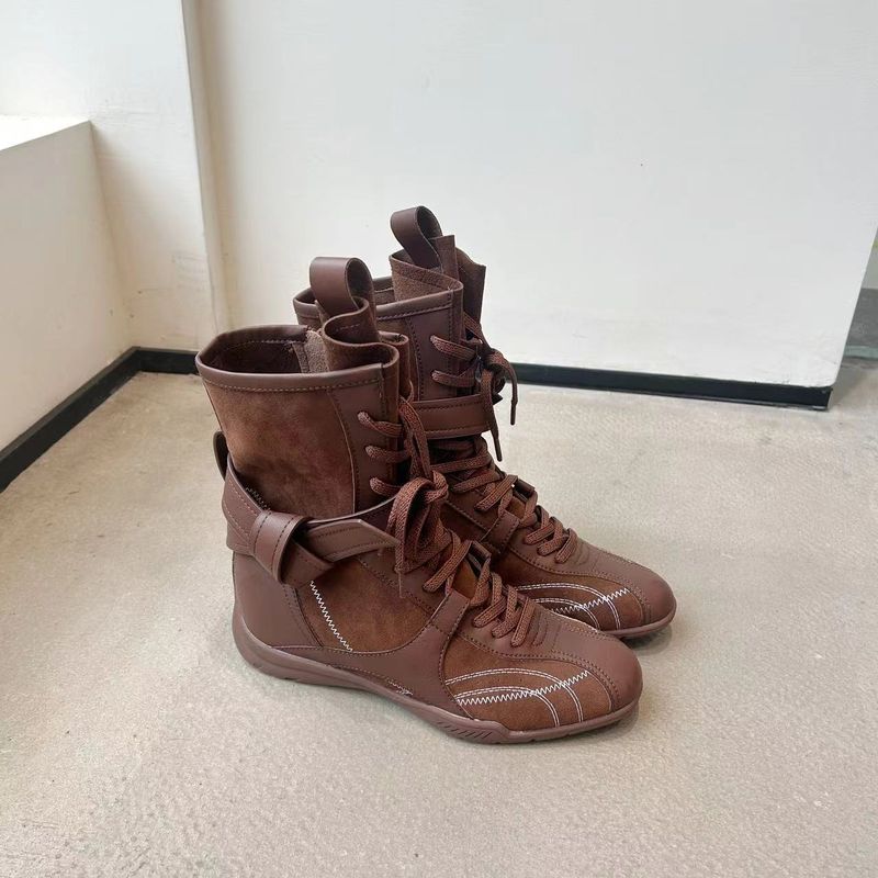 Women Boxing Boots 2025 Spring Height-Increasing Martin For Women, Brown Boxing Suede Round-Toe Lace-Up Sports Boots, Short Boots_voghion.com