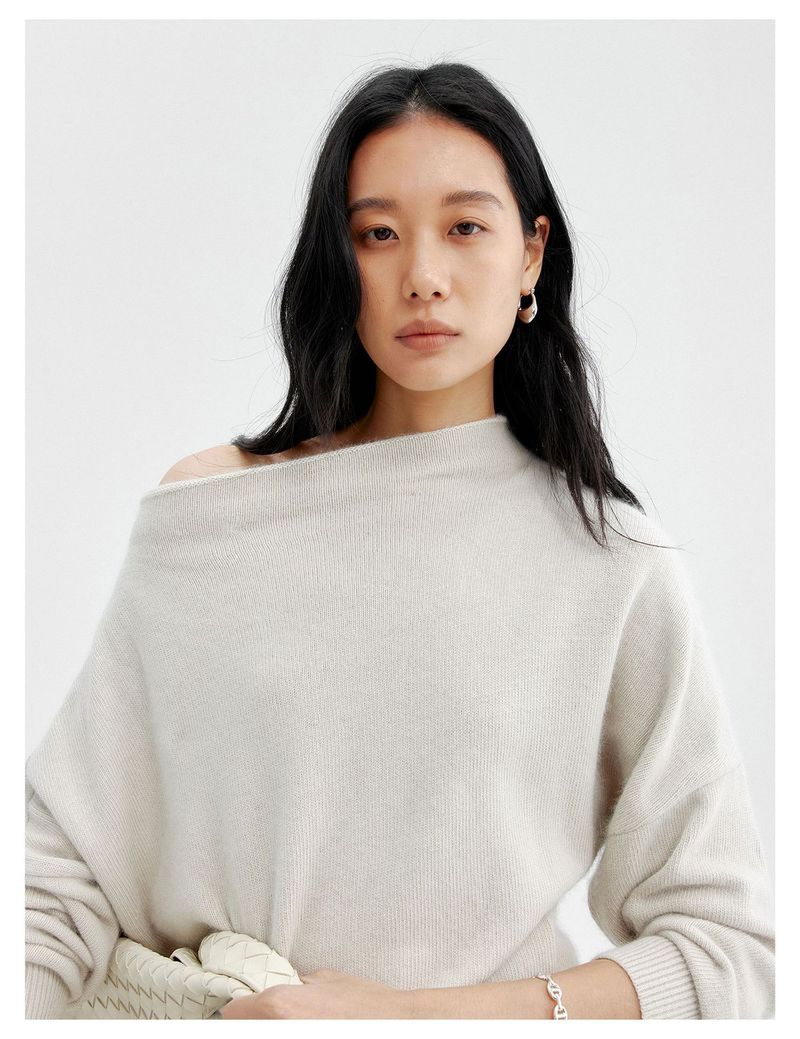 Mädchen Bie Qing Cool Temperament Style Weicher schulterfreier One-Shoulder-Strickpullover für Damen Herbst Minimalistischer Drop Shoulder_voghion.com