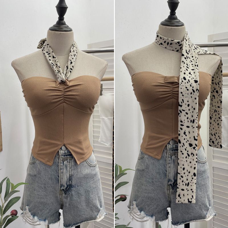Schal mit Leopardenmuster und hängendem Halsdesign, plissierte trägerlose Weste mit Brustkissen, kurzes ärmelloses Oberteil für Damen 9206_voghion.com