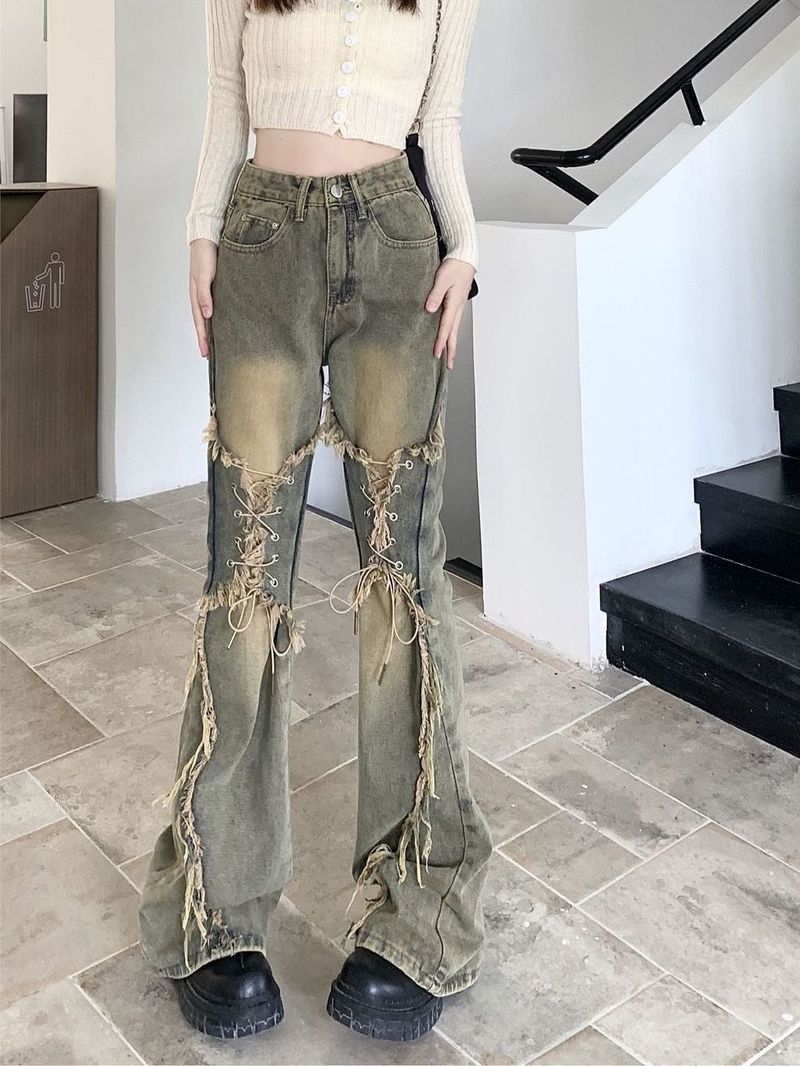Niche Lace-Up Frayed Design Flared Jeans Women, Sweet And Spicy Style, Straight High Street Pants For Plus Size Women_voghion.com