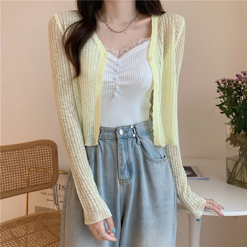 Cardigan estivo sottile in maglia con scollo a V, corto, da donna, con aria condizionata, scialle e gonna, giacca con protezione solare in seta ghiacciata_voghion.com