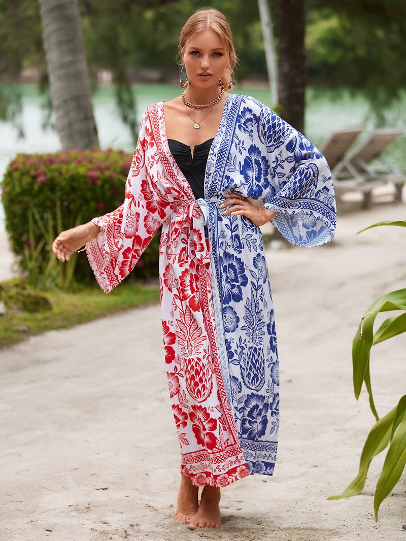 Women's Beach cover-up rayon positioning printed cardigan holiday sun protection shirt _voghion.com