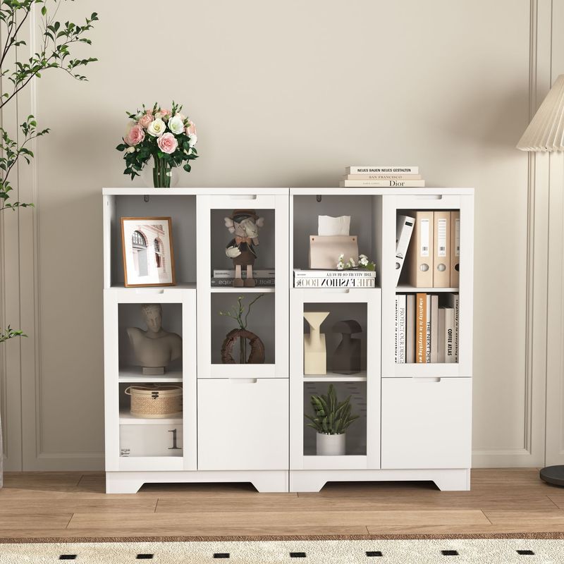 MDF Painted Cabinet With Glass Doors And Drawer, Open Storage Space, Navy Blue ,Bedroom, Living Room_voghion.com