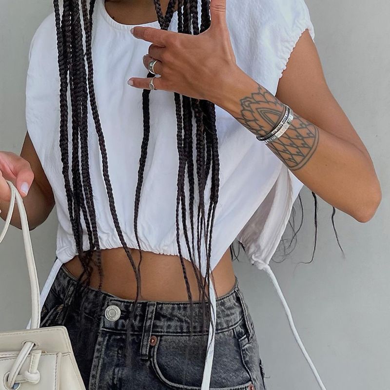 Q22TP269 Summer New 2024 Solid Color Pullover Round Neck Sleeveless Drawstring Loose Women's Top T-shirt_voghion.com